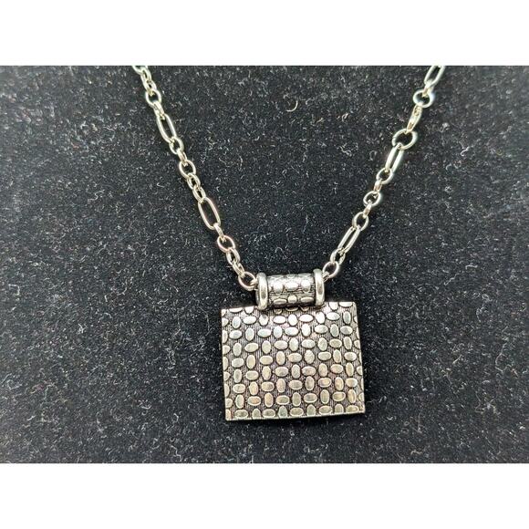 Silver Tone Necklace Link Chain Square Textured Geometric Pendant - Picture 2 of 5